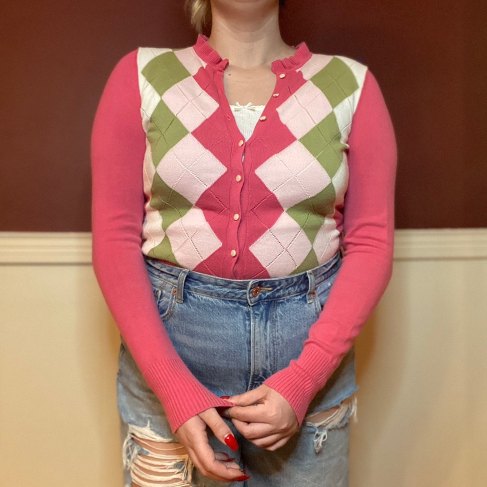 Pink Argyle Cardigan
